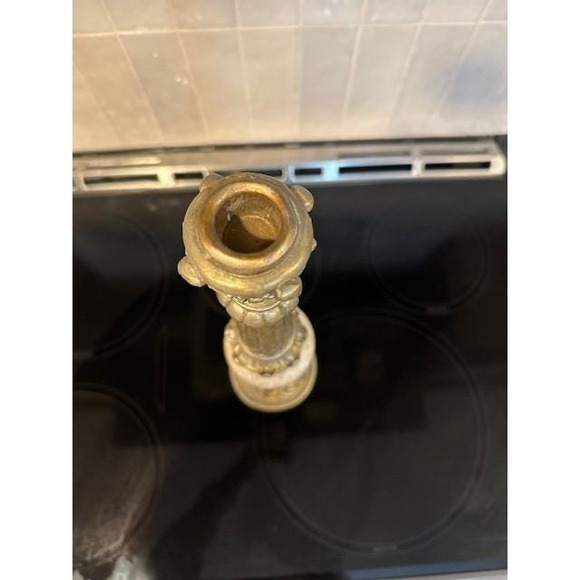 Ornate Gold Tone Marble Accent Pillar Candlestick Holder Vintage Elegant Decor